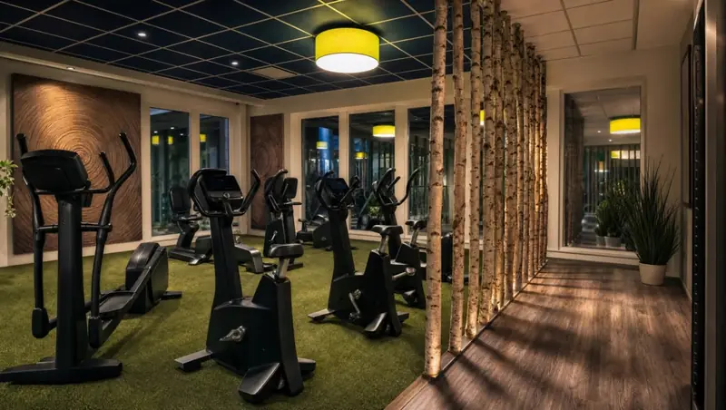 Cardiobereich mit Crosstrainern und Bikes zwischen Birkenstämmen
