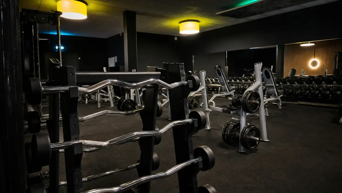Freihantelbereich mit Langhantelablage und Kurzhanteln im Sports Club Brandt